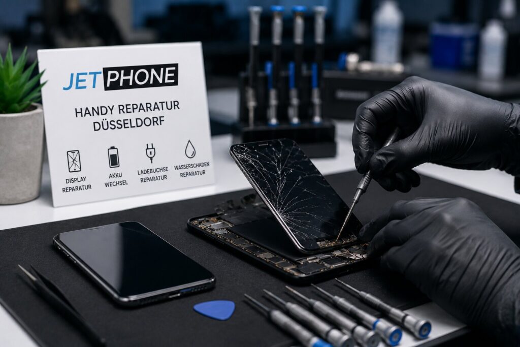 Techniker repariert ein Samsung-Handy mit Displaybruch bei JetPhone in Düsseldorf