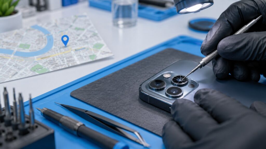 Techniker prüft eine beschädigte Handy-Kamera bei JetPhone in Düsseldorf
