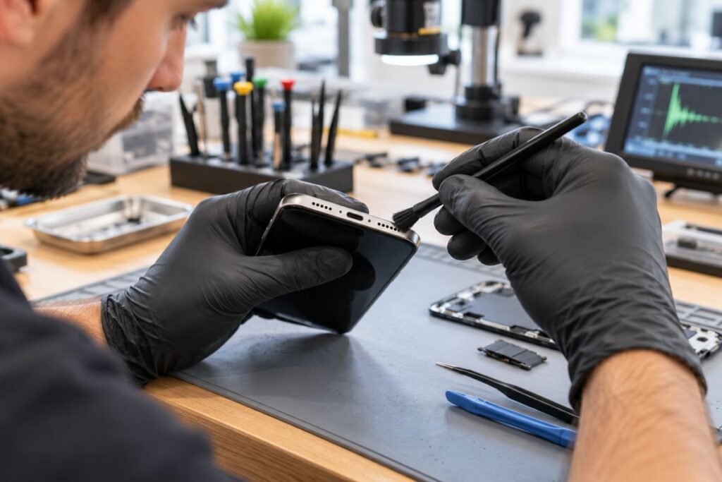 Techniker prüft und reinigt den Lautsprecher eines Smartphones bei JetPhone Düsseldorf