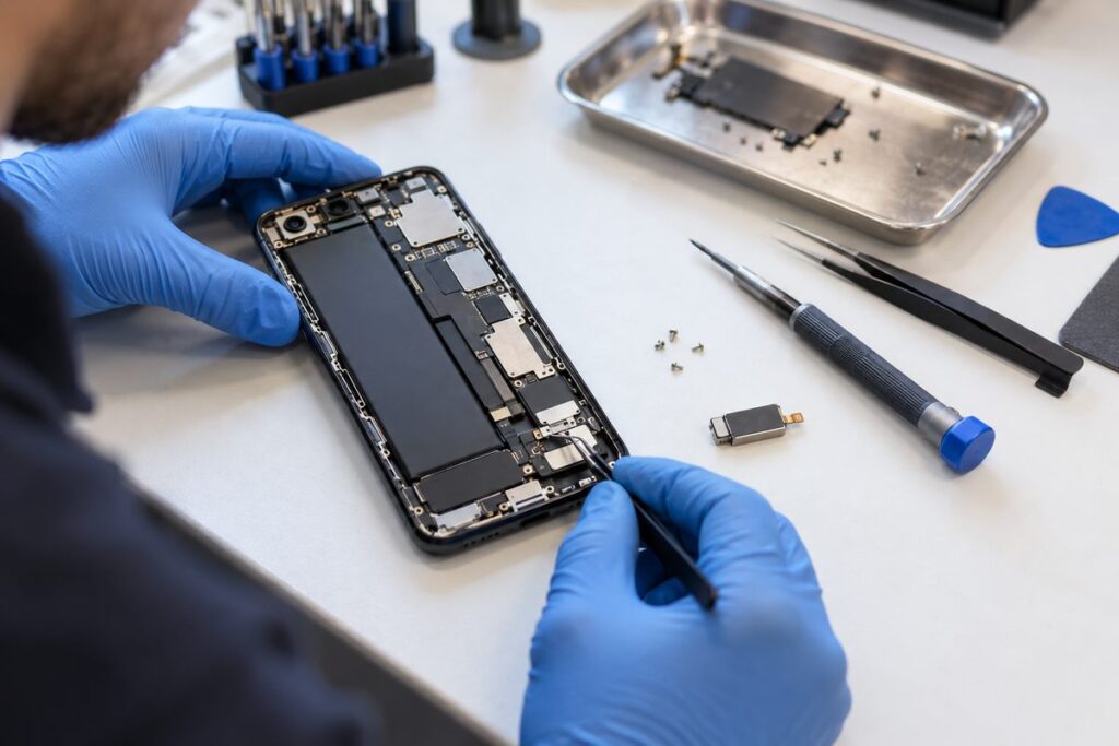 Techniker prüft den Vibrationsmotor eines Smartphones bei JetPhone Düsseldorf