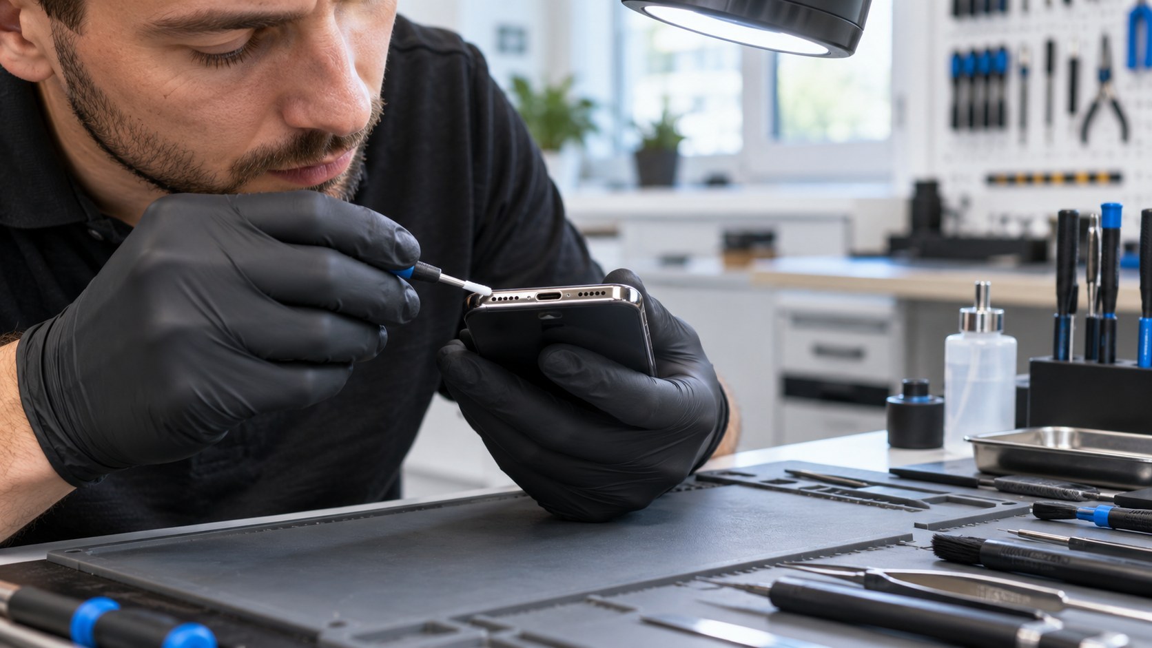 Techniker prüft die Ladebuchse eines iPhones bei JetPhone Düsseldorf