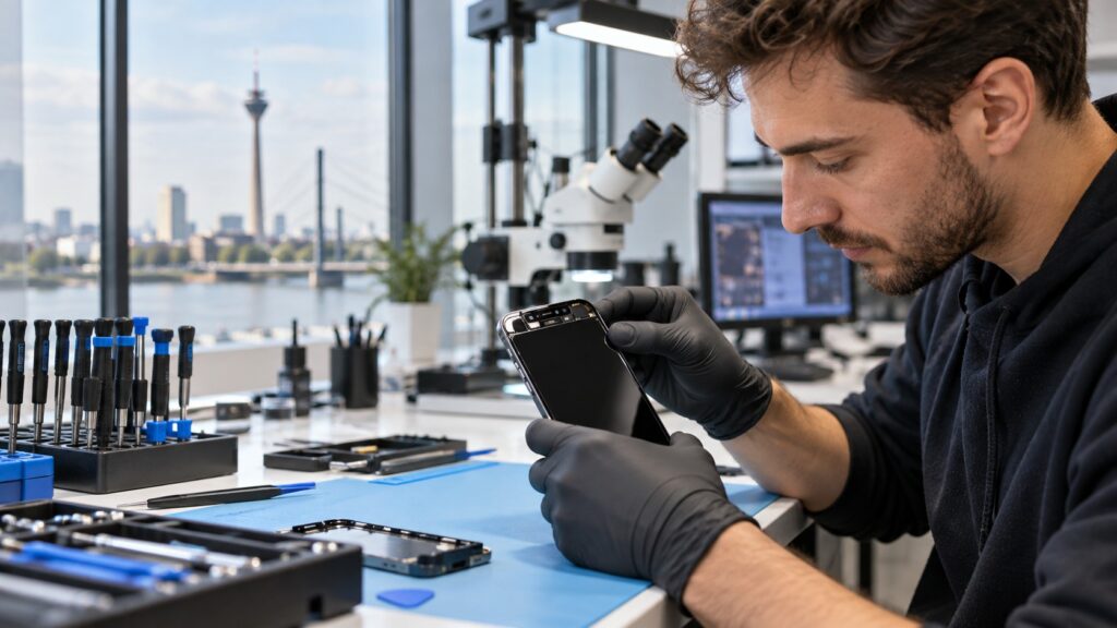 iPhone Face ID wird an einem Reparaturplatz in Düsseldorf geprüft