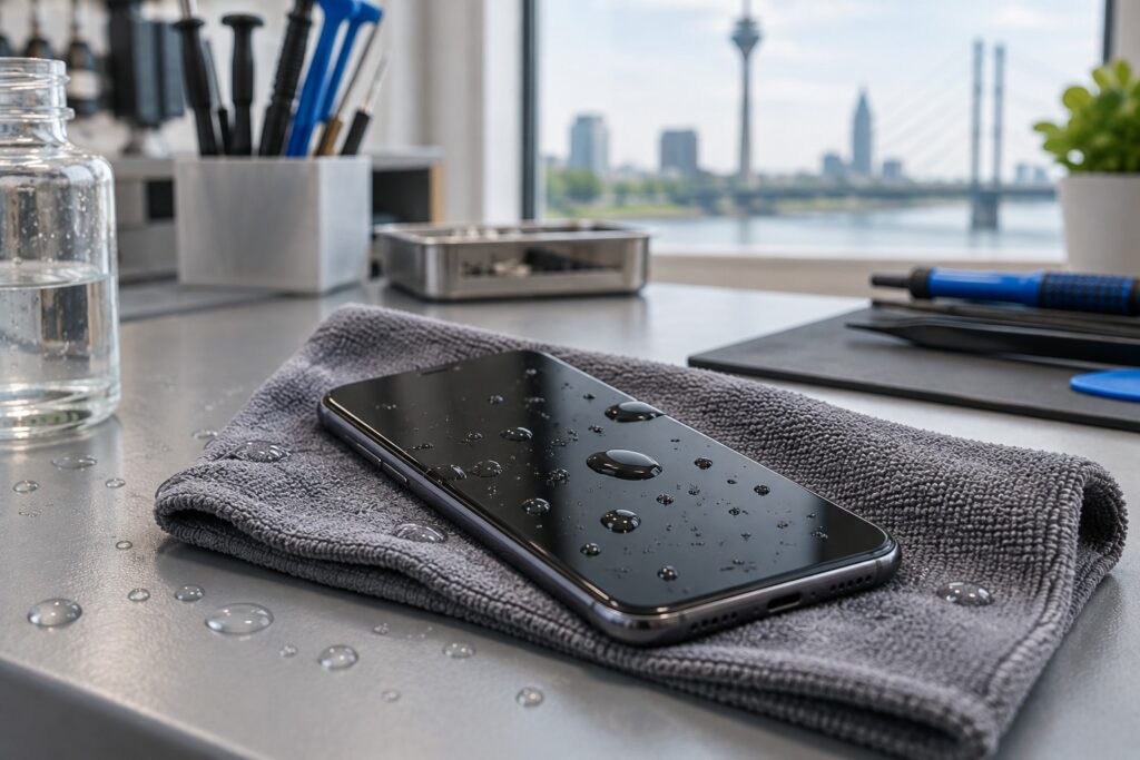 Nasses Smartphone auf einem Mikrofasertuch auf einem Reparaturtisch in Düsseldorf