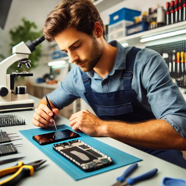 DALL·E 2025-03-18 17.04.13 – Ein professioneller Techniker repariert ein Smartphone in einer modernen Werkstatt in Düsseldorf. Der Techniker arbeitet konzentriert mit hochwertigen DALL·E 2025-03-18 17.04.13 - Ein professioneller Techniker repariert ein Smartphone in einer modernen Werkstatt in Düsseldorf. Der Techniker arbeitet konzentriert mit hochwertigen